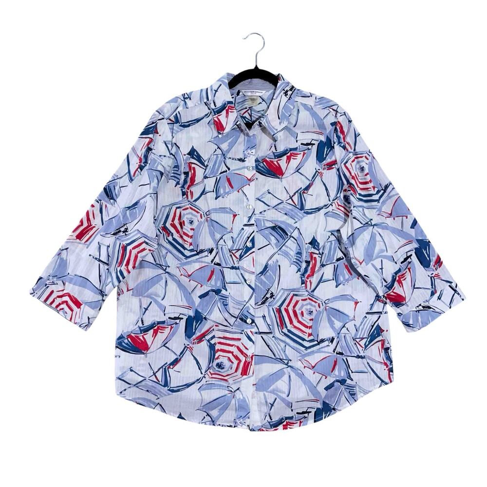 Allison Daley Umbrella Print Button Up Blouse 20W Boardwalk Blues Cotton Casual